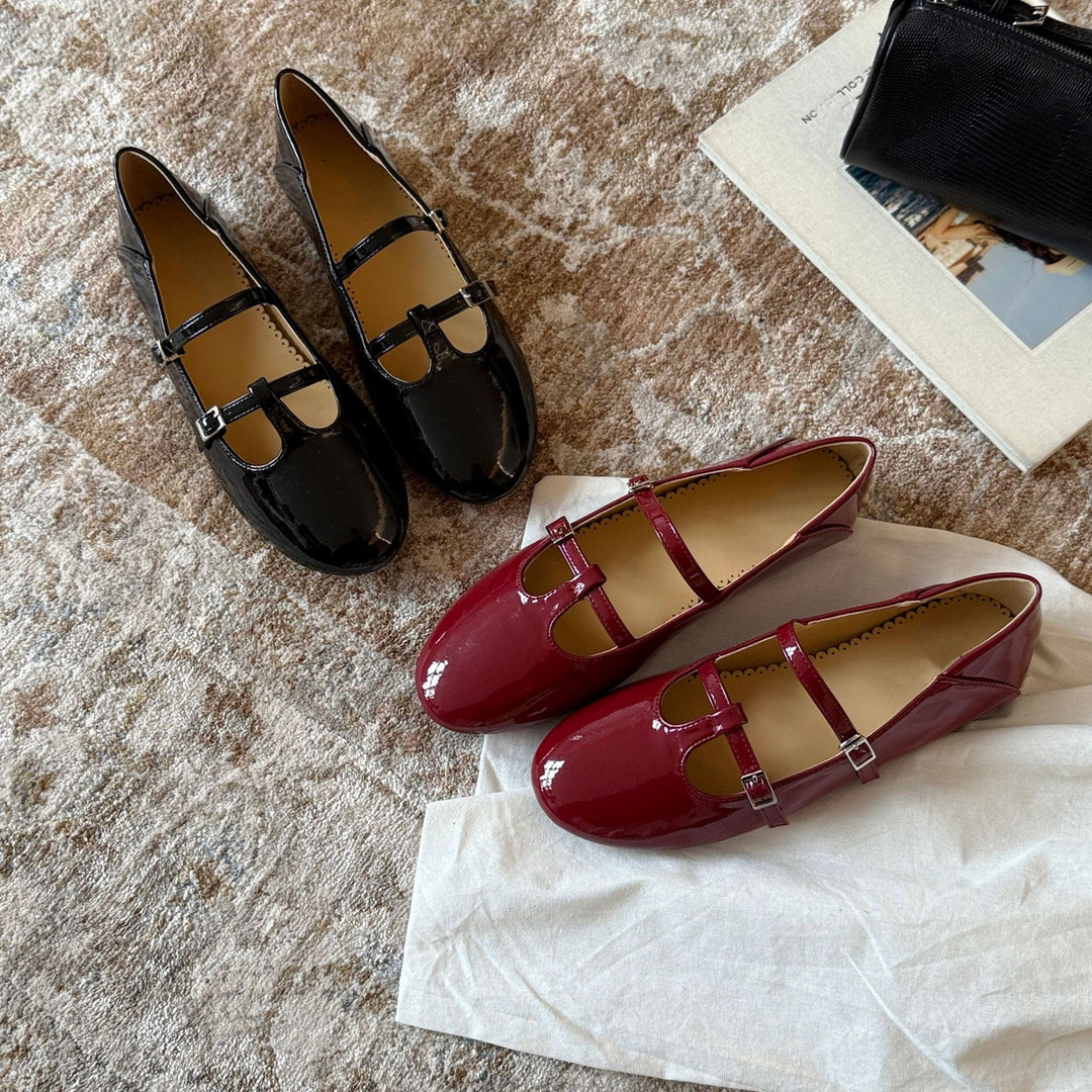 Damen Elegante Mary Jane Ballerinas mit doppelter Schnalle und schimmerndem Finish EB