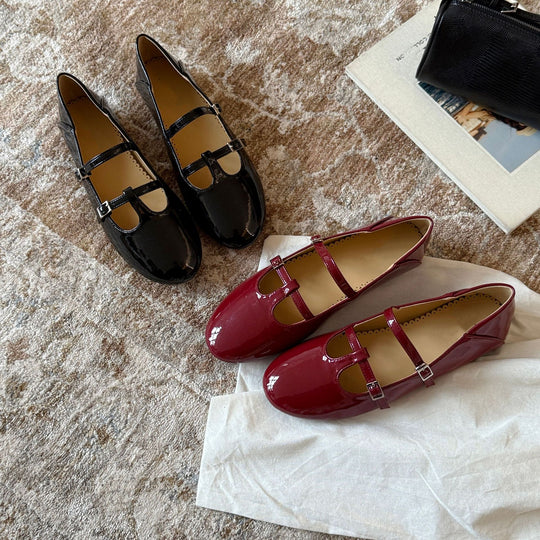 Damen Elegante Mary Jane Ballerinas mit doppelter Schnalle und schimmerndem Finish EB
