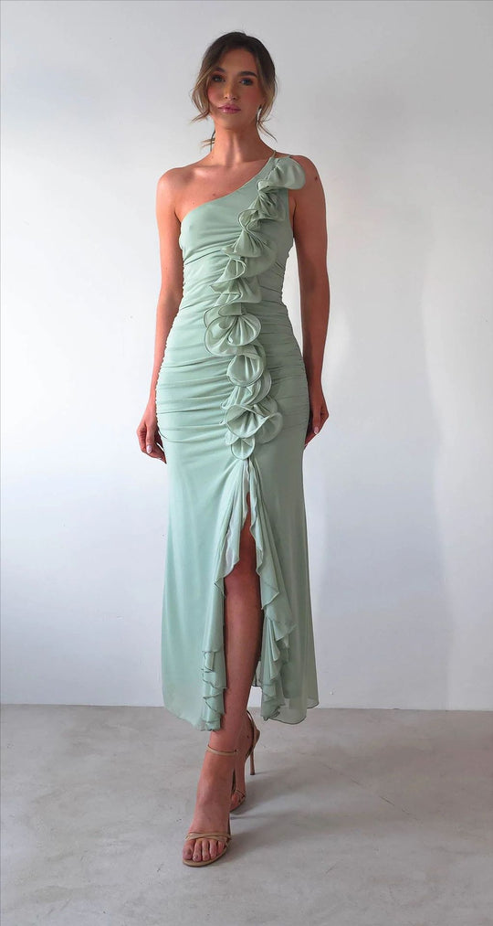 Damen Elegantes Rüschen-Maxi-Kleid im Stile einer Seite mit hohem Schlitz EB