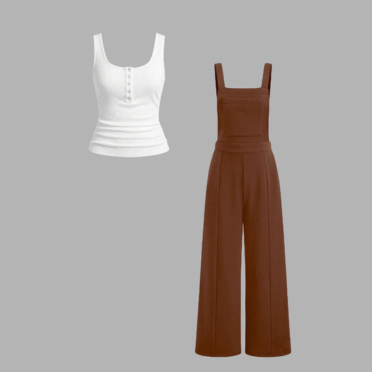Damen lässiger Tank-Top und weit geschnittenen Latzhose Set EB