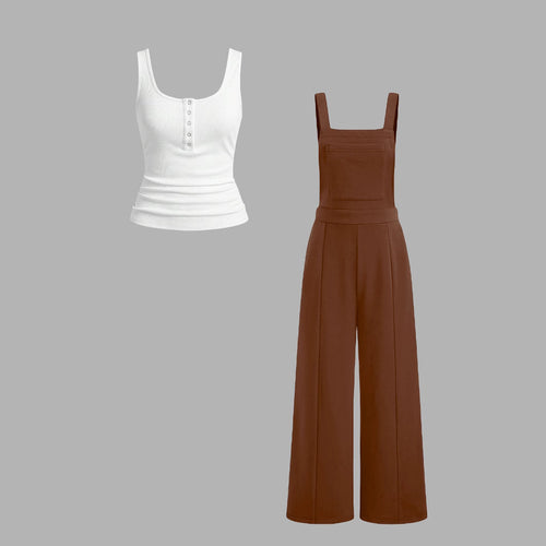 Damen lässiger Tank-Top und weit geschnittenen Latzhose Set EB