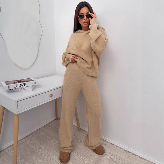 Damen Weiches Strick-Loungewear-Set mit Oversize-Pullover und weiter Palazzo-Hose EB