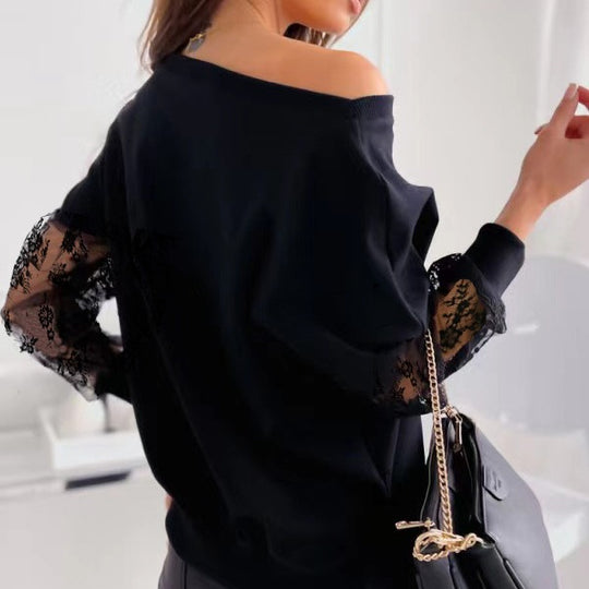 Damen eleganter Pullover mit transparenten Spitzenärmeln und asymmetrischem Ausschnitt EB