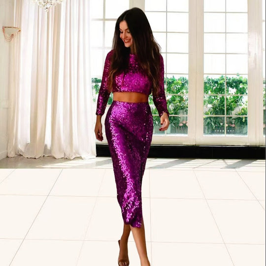 Damen Glitzerndes Zweiteiler-Set mit schimmerndem Oberteil und eleganter Maxi-Rock-Design EB