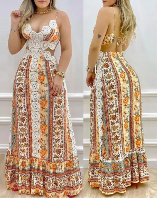 Damen Maxikleid mit frechem Floralprint und elastischem Taillenband EB