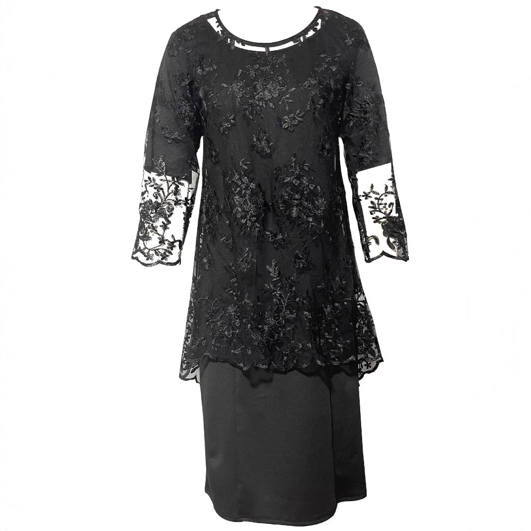 Damen Elegantes Blusen-Kleid mit floralen Spitze-Ärmeln und schwingendem Saum EB