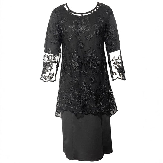 Damen Elegantes Blusen-Kleid mit floralen Spitze-Ärmeln und schwingendem Saum EB