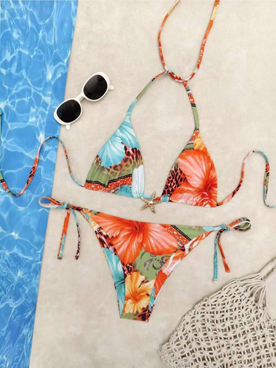 Damen Triangel-Bikini mit floralem Design und verstellbaren Bändern EB