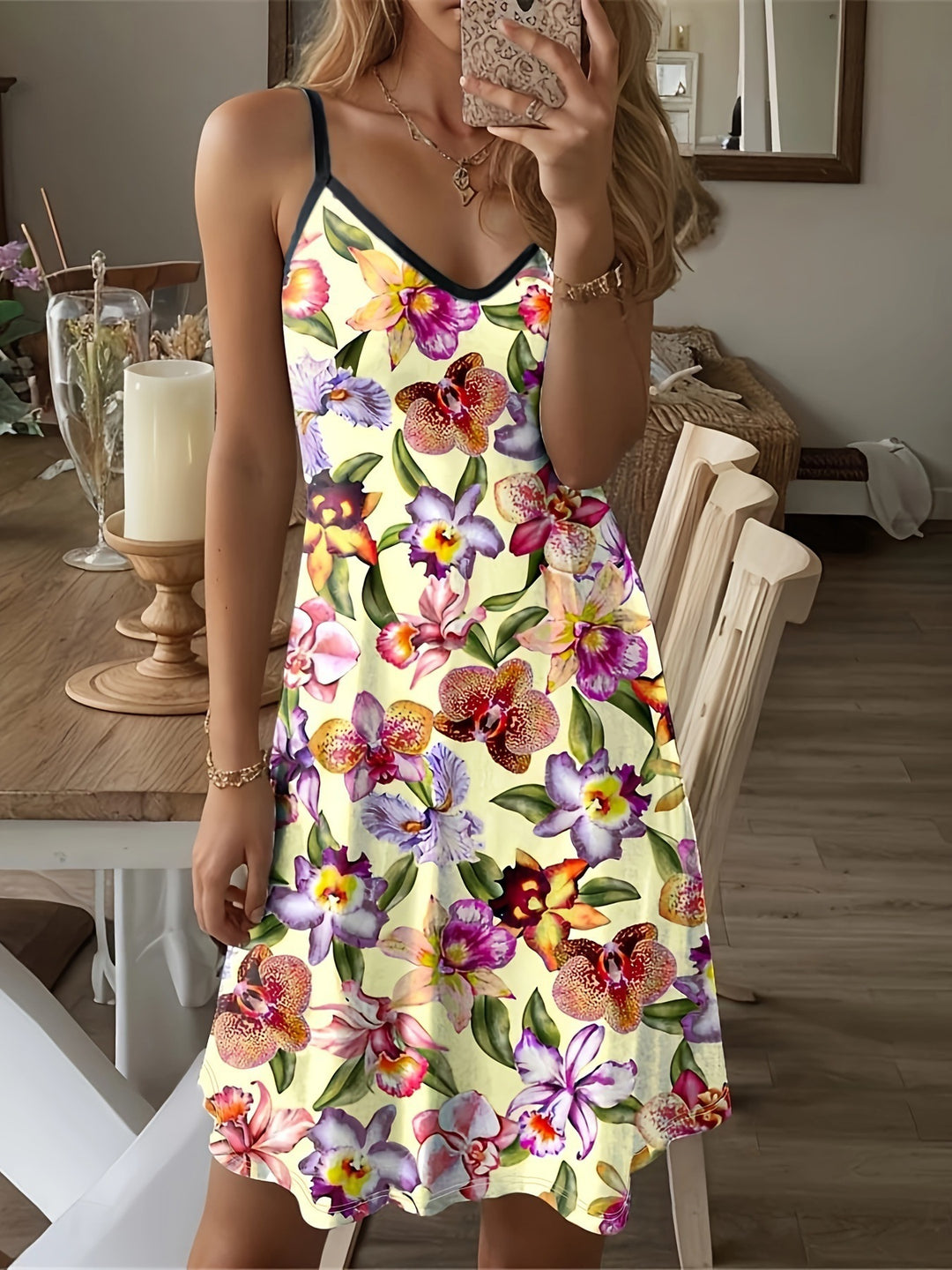 Damen Spaghettiträger Kleid mit elegantem floralem Design EB