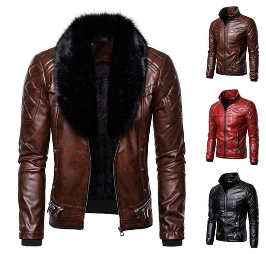 Herren Bikerjacke mit Kunstfellkragen und gesteppten Details EB