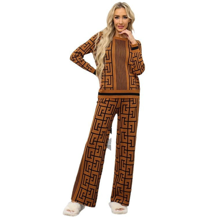 Damen modisches und komfortables Strick-Loungewear-Set mit grafischem Muster EB