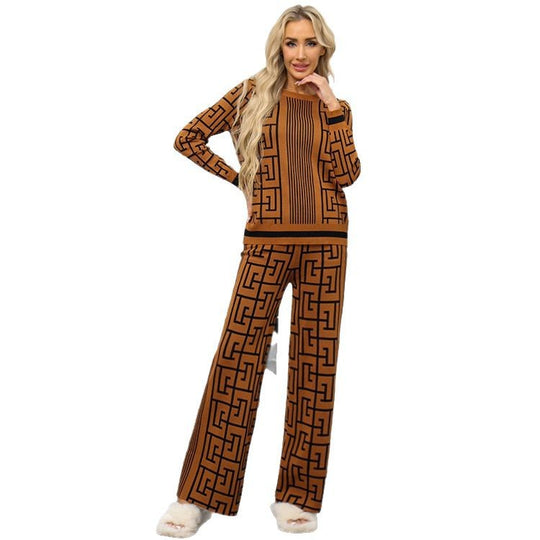 Damen modisches und komfortables Strick-Loungewear-Set mit grafischem Muster EB