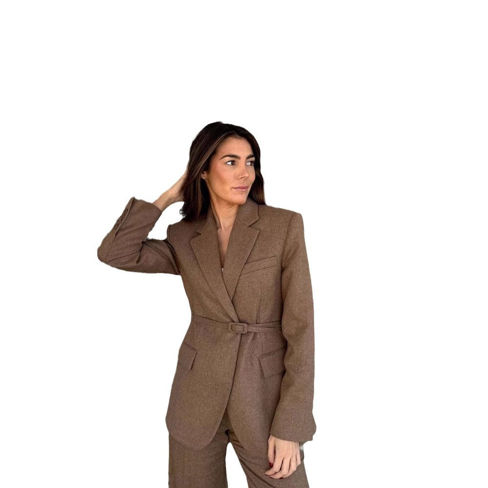 Damen taillierter Blazer mit Gürtel und eleganter Struktur EB