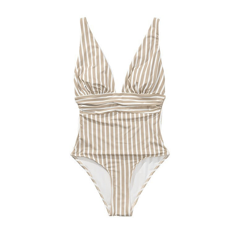 Damen Einteiler Badeanzug mit elegantem V-Ausschnitt und modischem Streifenmuster EB