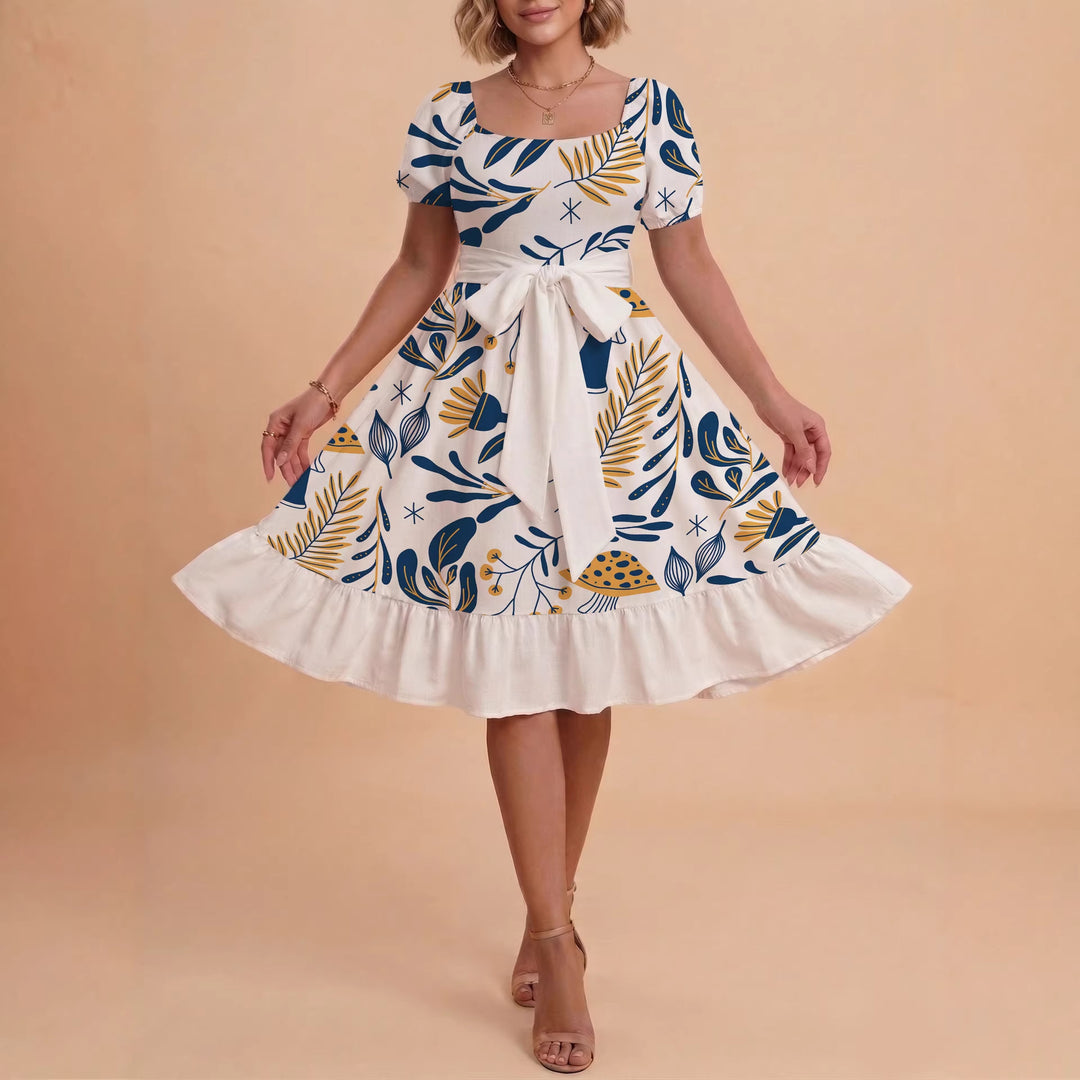 Damen Sommerliches Blumenkleid mit taillierbarem Gürtel und voluminösen Ärmeln EB