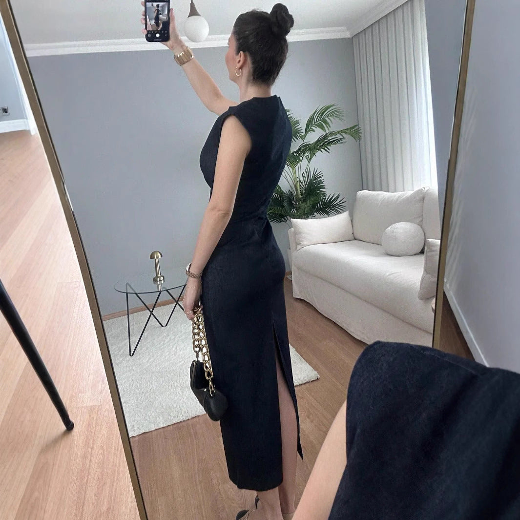 Damen elegantes Midikleid aus Denim mit Knopfdetail EB