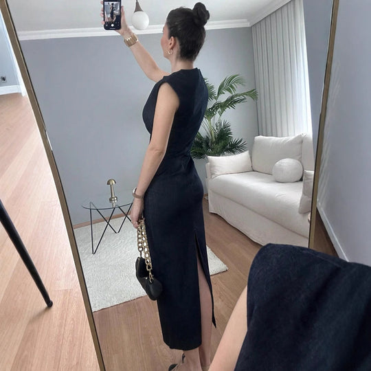 Damen elegantes Midikleid aus Denim mit Knopfdetail EB