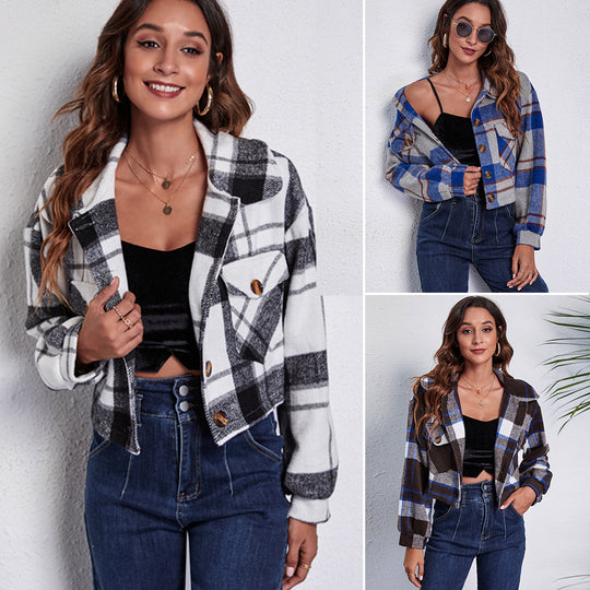 Damen modische Karojacke mit cropped Schnitt und praktischen Taschen EB