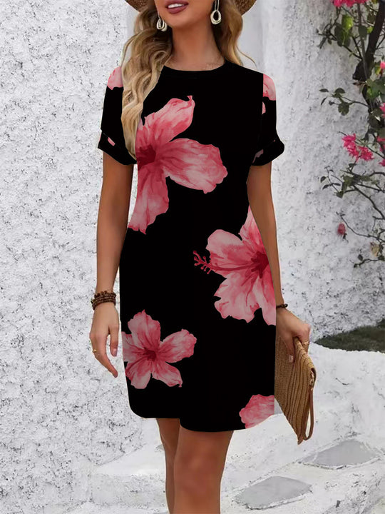 Damen lässiges Kurzarmkleid mit modernem Hahnentrittmuster und bequemer Passform EB