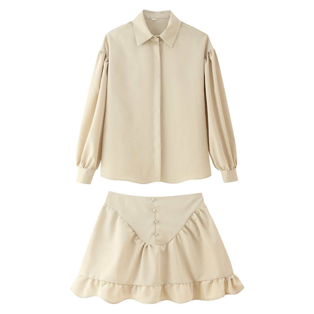 Damen Set aus eleganter Bluse mit Puffärmeln und schwingendem Rock EB