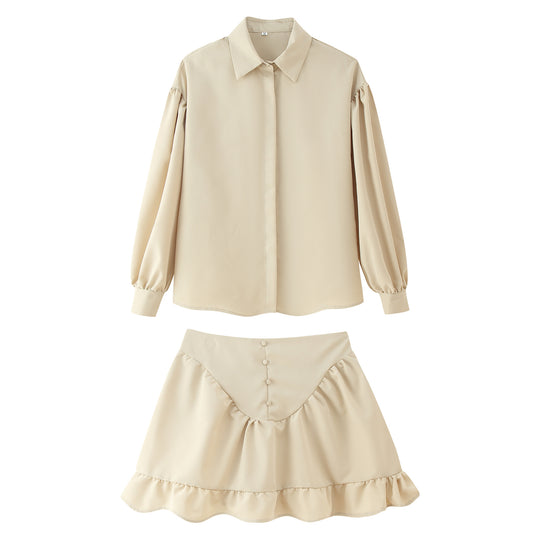 Damen Set aus eleganter Bluse mit Puffärmeln und schwingendem Rock EB