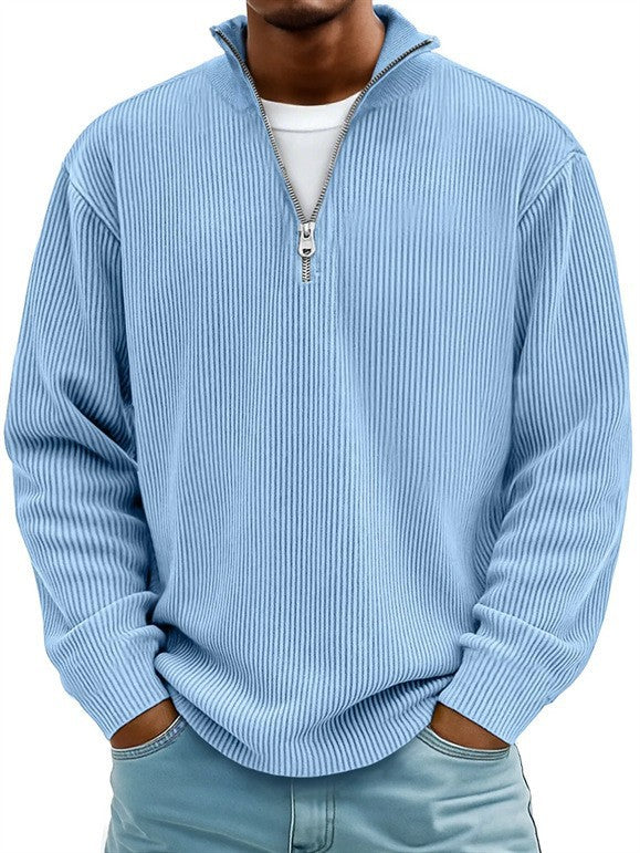 Herren nan gerippter Strickpullover mit halbem Reißverschluss und Stehkragen EB