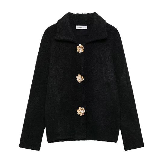 Damen Kuschelige Fluffy-Jacke mit dekorativen Knöpfen EB