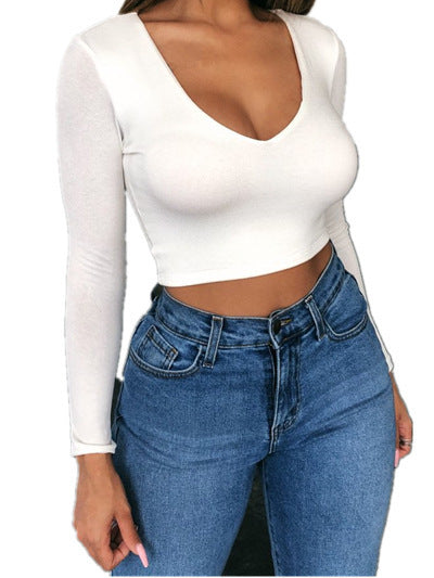 Damen figurbetontes Langarm-Crop-Top mit V-Ausschnitt EB
