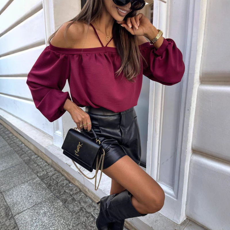 Damen Off-Shoulder Bluse mit elastischen Ärmelbündchen EB