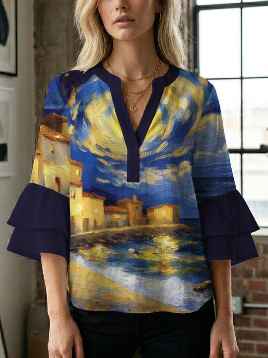 Damen lässige Bluse mit Volantärmeln und botanischem Druck EB