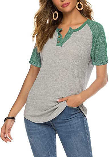 Damen lässiges Kurzarm-Henley-Shirt mit Knopfleiste EB