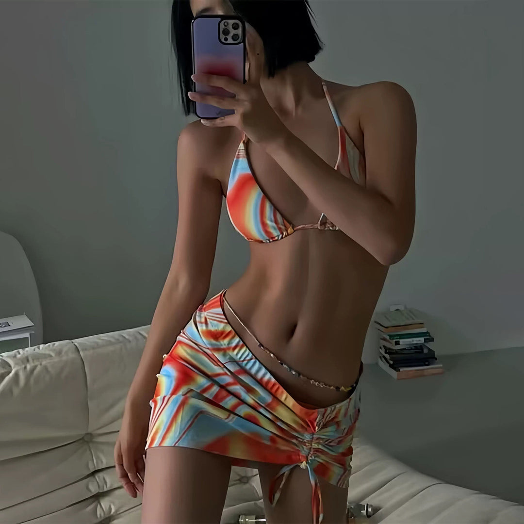 Damen Bikini-Set mit farbenfrohem Wellenmuster und verstellbarem Höschen EB