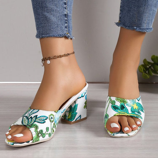 Damen Slip-On Mules mit floralem Allover-Print, mittelhohem Blockabsatz und gepolstertem Komfortfußbett EB