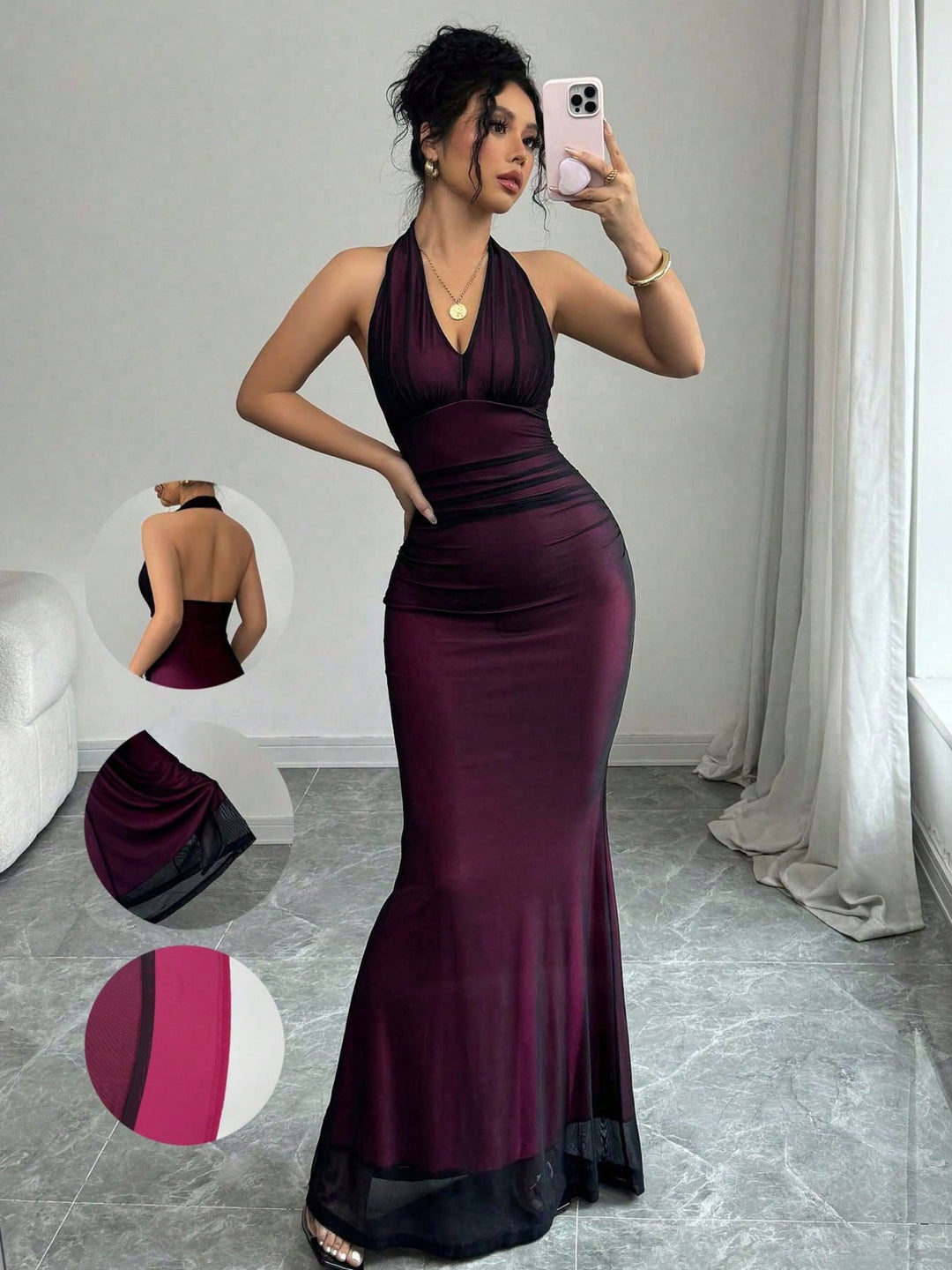 Damen Elegantes Maxikleid mit tiefem V-Ausschnitt und taillierendem Schnitt EB