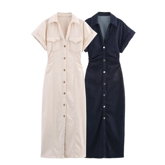 Damen Hemdblusenkleid mit kurzen Ärmeln und praktischen Taschen EB