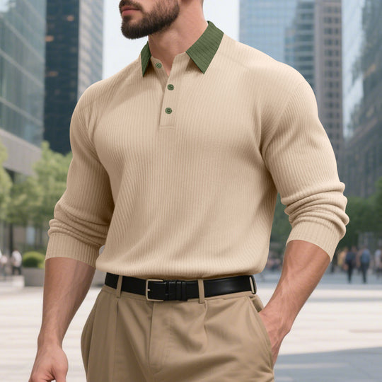 Herren lässiges Langarm-T-Shirt mit strukturiertem Stoff und modischem Kragen EB