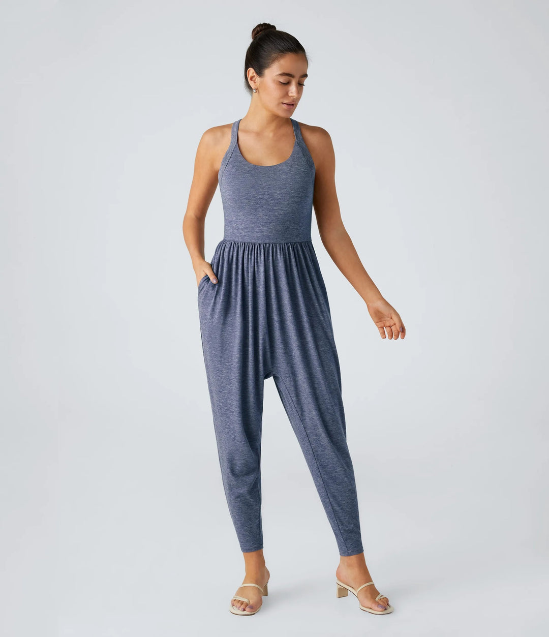 Damen nan lässiger Jersey-Overall mit Racerback, smockierter Taille und seitlichen Eingrifftaschen EB