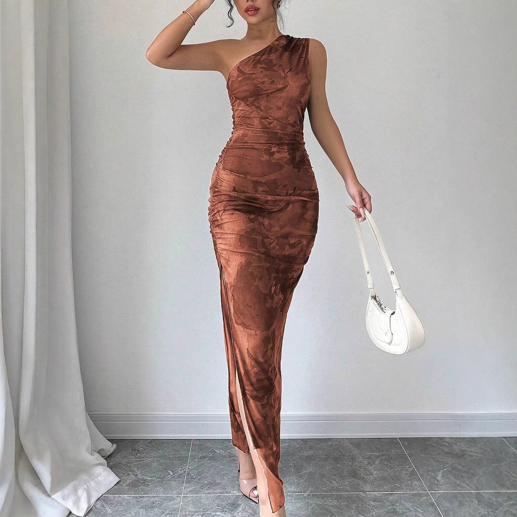 Damen Elegantes One-Shoulder Maxikleid mit sanften Raffungseffekten EB