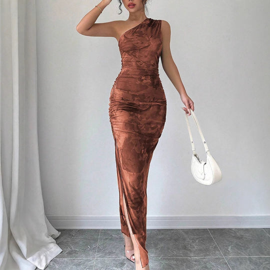 Damen Elegantes One-Shoulder Maxikleid mit sanften Raffungseffekten EB