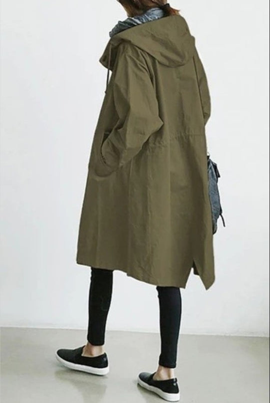 Damen nan leichter oversized Regenmantel mit Kapuze und verdeckter Knopfleiste EB