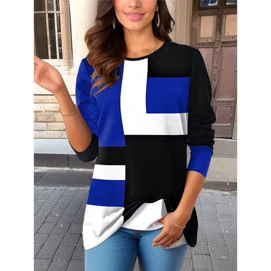 Damen nan geometrisches Colorblock Longsleeve-Tunika-Oberteil mit Rundhalsausschnitt und asymmetrischem Saum EB