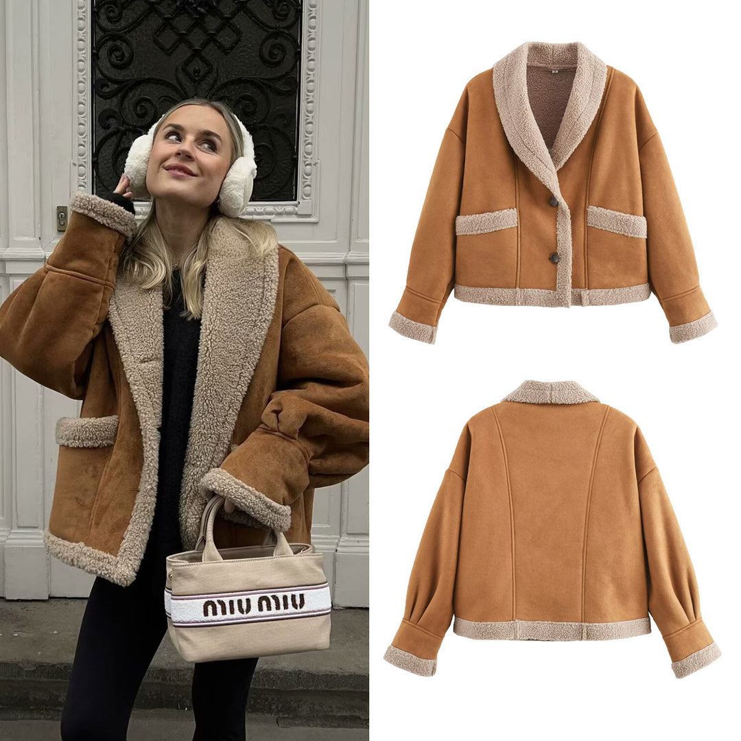 Damen kuscheliger Schnittjacke mit Teddyfelldetails EB
