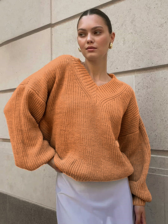 Damen lässiger Pullover mit V-Ausschnitt und voluminösen Ärmeln EB