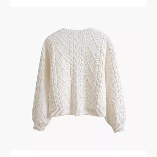 Damen Grobstrickpullover mit kreativem Zopfmuster und weit geschnittenen Ärmeln EB