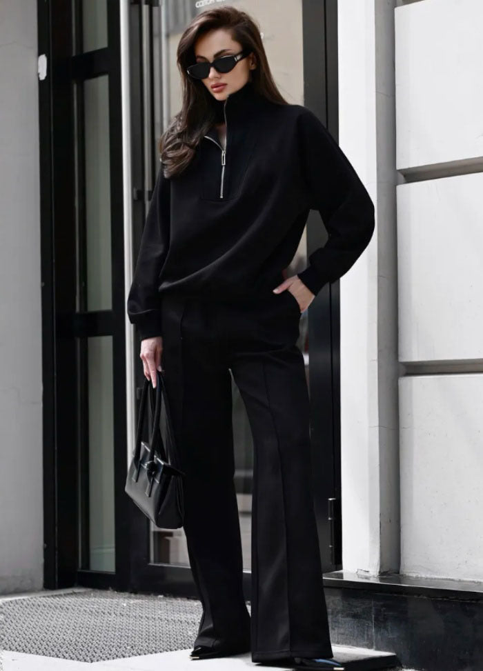 Damen Oversize-Halbreißverschluss-Sweatshirt mit weit geschnittener hochgeschnittener Palazzo-Hose Eichborn Berlin