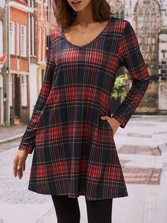 Damen Karo Freizeitkleid mit praktischen Seitentaschen EB