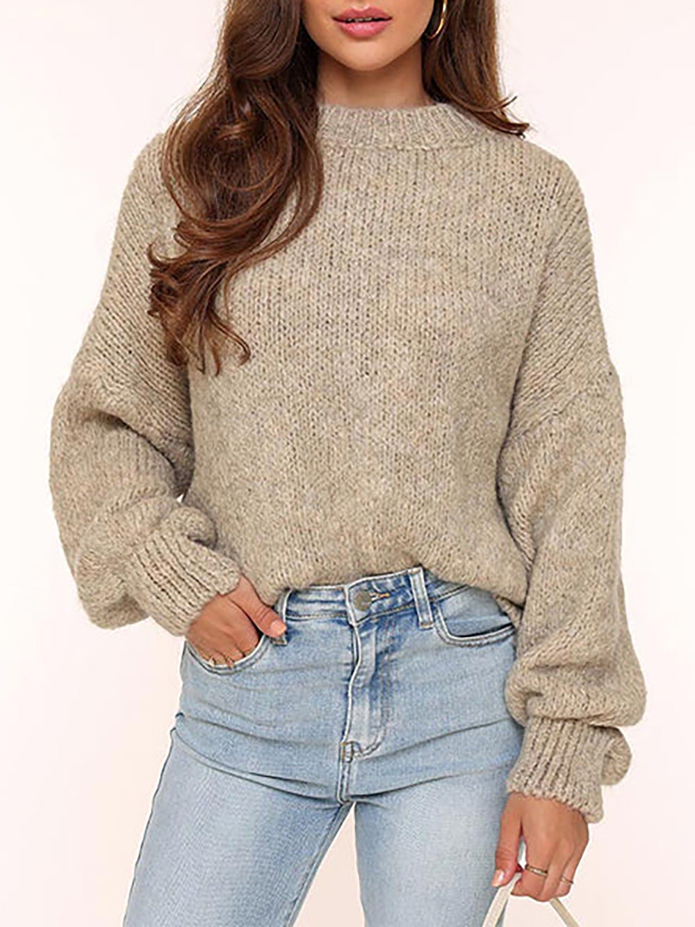 Damen lässiger Strickpullover mit voluminösen Ärmeln und modernem Design EB
