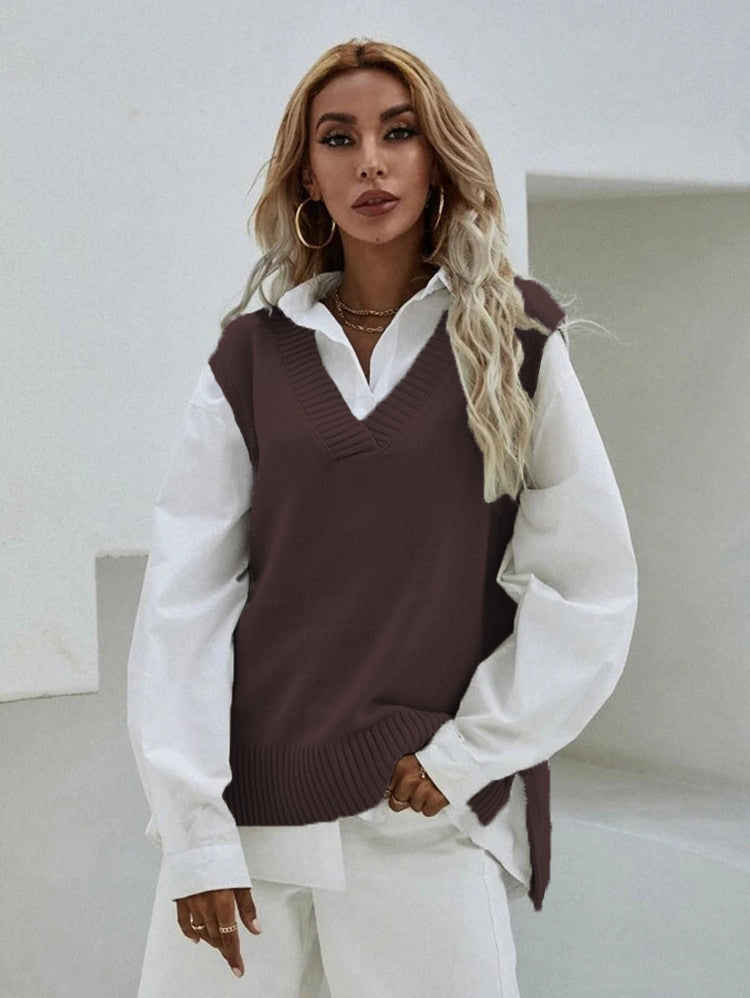 Damen Strickweste mit V-Ausschnitt und breitem Rippdesign EB