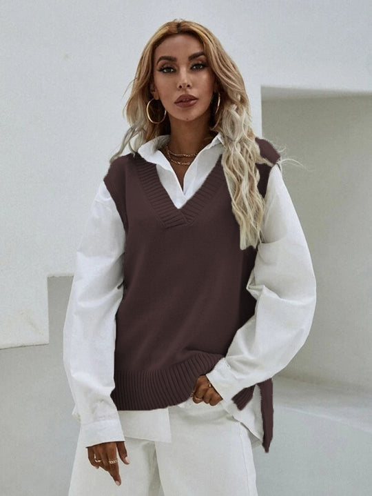 Damen Strickweste mit V-Ausschnitt und breitem Rippdesign EB