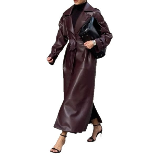 Damen eleganter Kunstleder-Trenchcoat mit taillierbarem Gürtel und praktischen Taschen EB